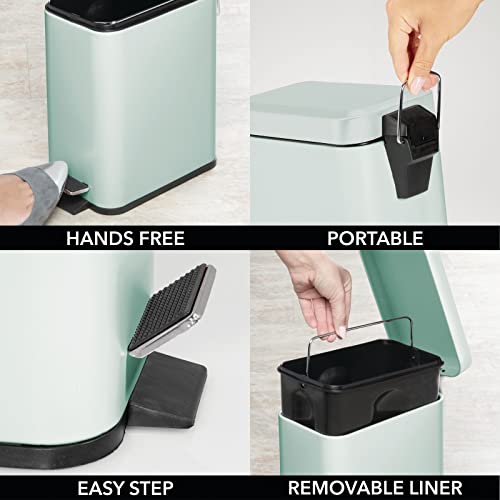 mDesign Small Modern 1.3 Gallon Rectangle Metal Lidded Step Trash Can, Compact Garbage Bin with Removable Liner Bucket and Handle for Bathroom, Kitchen, Craft Room, Office, Garage - Light Mint Green - color: Light Mint Green, size: 1.3 Gallon