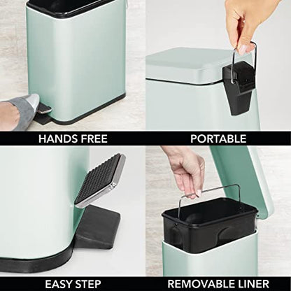mDesign Small Modern 1.3 Gallon Rectangle Metal Lidded Step Trash Can, Compact Garbage Bin with Removable Liner Bucket and Handle for Bathroom, Kitchen, Craft Room, Office, Garage - Light Mint Green - color: Light Mint Green, size: 1.3 Gallon