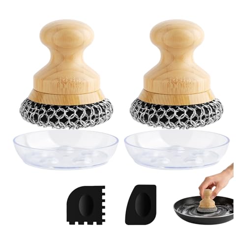 Cast Iron Scrubber and Scraper,Chain Mail Cleaner with Bamboo Handle & Draining Tray,316 Stainless Steel Brush for Cleaning Pots,Pans,Wok,Bakeware,Griddles, Grills(Large Chain Mail,2pcs) - size: Large Chain Mail 2pcs