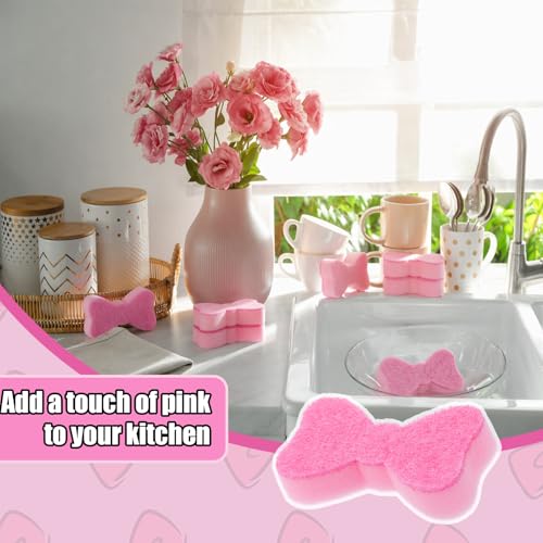 Tioncy 12 Pack Pink Bow Sponges Bulk Preppy Dual Sided Scrubber Cute Pink Bow Sponges Reuseble Non Scratch Dishwashing Kitchen Cleaning Accessories for Cookware Pot Boiler Pan Household - style: Cute Bow