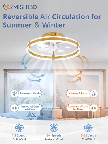 ZMISHIBO Ceiling Fans with Lights and Remote, 19.7'' Low Profile Ceiling Fan, 3000-6000K Dimmable Modern Flush Mount LED Fan Light, 6 Wind Speeds, Gold Fandelier Ceiling Fans for Bedroom - color: Gold, size: 19.7 INCH