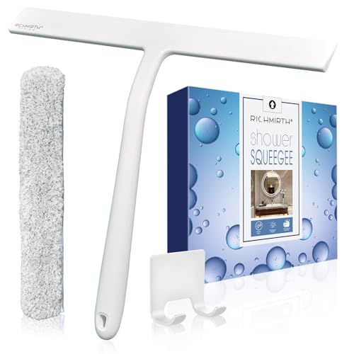 12 Inch Silicone Shower Squeegee for Glass Doors with Hook - Streak-Free Window Cleaner for Bathroom, Mirror, Tile & Car, No Scratch Squeegee with Metal Core (White) - color: 12 Inch White