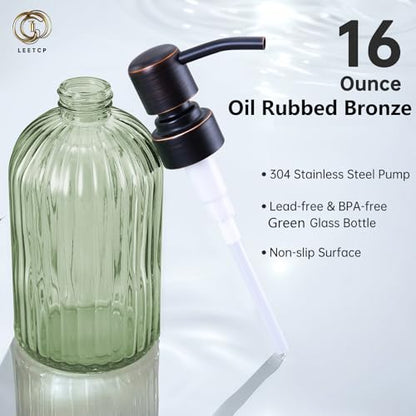 16Oz Green Glass Soap Dispenser with Rust Proof Bronze Stainless Steel Pump, Green Countertop Refillable Liquid Lotion Dispensers with Stainless Steel Pump, Oil Rubbed Bronze Soap Dispenser,2 Packs - color: Oil Rubbed Bronze+ Green, size: 2-Pack