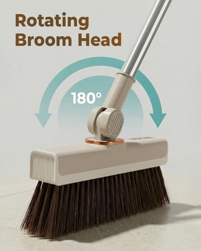 INDCAN Broom and Dustpan Set for Home, 54 Inch Long Handle Upright Broom, Rotatable Broom Head with Magnetic Mount & Self-Cleaning Teeth Comb, Indoor Floor Sweeping Set (Santra Pro) - Sandstone Beige - color: Sandstone Beige