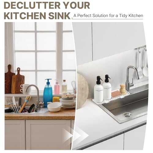 Kitchen Soap Dispenser Set, Kitchen Sink Organizer with Self Draining Silicone Tray, 2 x 17oz Glass Soap Dispensers, Stainless Steel Pumps, Bamboo Brush & Sisal Sponge - White - color: White Bottle + Black Pump