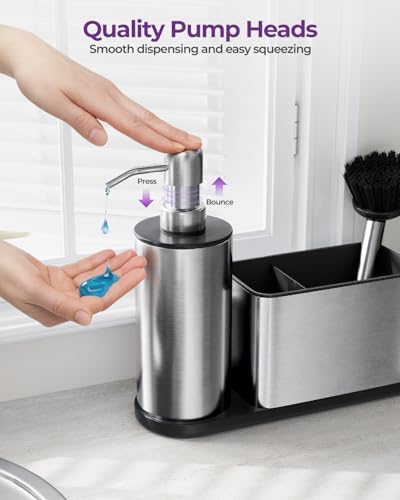 ODesign Kitchen Soap Dispenser Set - 3 in 1, Stainless Steel Dish Soap Dispenser with Sponge Holder, Dish Brush & Brush Holder, Kitchen Sink Caddy Organizer for Countertop - Rustproof, Non-Slip
