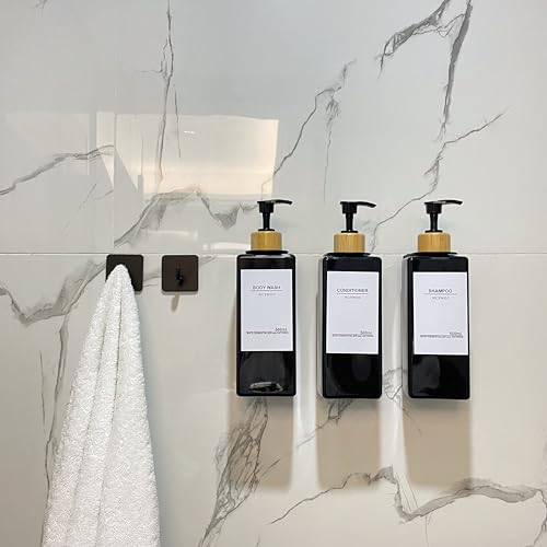 Shampoo Dispenser for Shower Wall, Shampoo and Conditioner Dispenser with 16 Waterproof Labels, No Drill Shower Soap Dispenser Bathroom, Shower Soap Dispenser Wall Mounted, 17oz, Bamboo(Black) - color: Black Bottle + Bamboo Pump