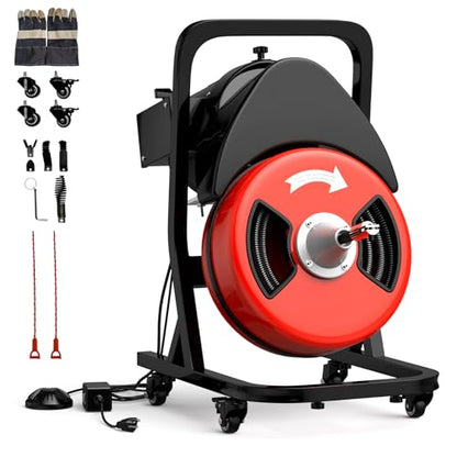 GarveeTech 50FTx1/2 Inch Drain Cleaner Machine with Wheels, Sewer Snake Electric Drain for 2" to 4" Pipes, Plumbing Snake Auger Cleaner with 6 Cutter & Foot Switch for Sewer, Sink, Toilet, Bathroom