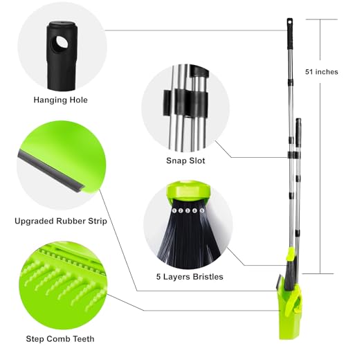 Tiumso Upgrade Broom with Dustpan Combo Set, Broom and Dustpan Set with 51'' Long Handle, Large Upright Brooms and Dust Pans, ZeroGap Lip, Self-Cleaning Teeth for Lobby and Restaurant - Light Green - color: Green
