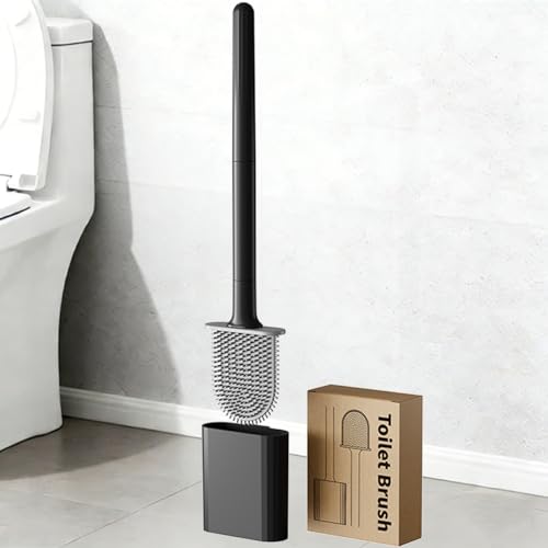 Silicone Toilet Brush Set, Wall Mounted Holder, Anti-Drip Design, Non-Slip Handle, Flexible Bristles for Easy Cleaning, Suitable for Various Usage scenarios（Black - color: Black