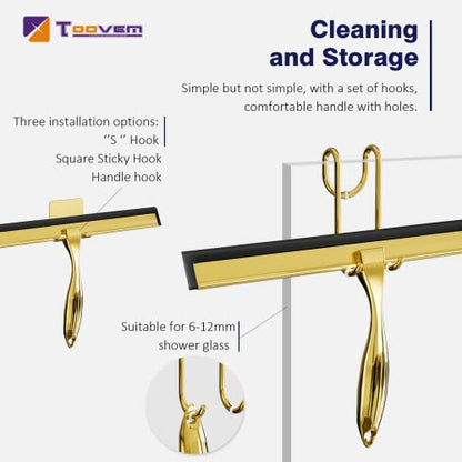 TOOVEM 12 Inch Shower Squeegee for Glass Doors, Window, Bathroom, Car Windshield, Shower Cleaning Tools with S Hook, Square Sticky Hook（Gold） - style: Gold 12 inch