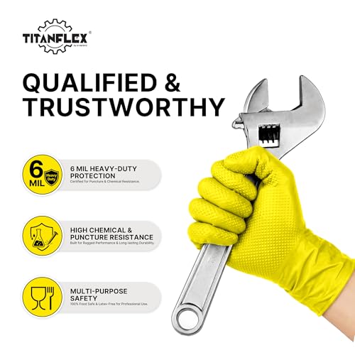 TitanFlex Heavy Duty Industrial Nitrile Gloves with Raised Diamond Texture, 6-mil, Latex Free (Dark Green/Yellow) - color: 06 Yellow (1000ct), size: X-Large