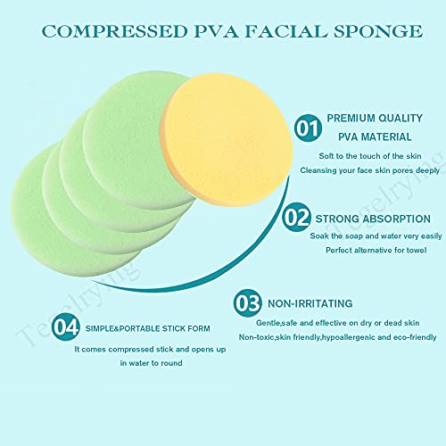 Facial Sponge Compressed,60 Pcs PVA Professional Makeup Removal Wash Round Face Sponges Spa Pads Exfoliating Cleansing for Women,Yellow,Green - color: Yellow,green