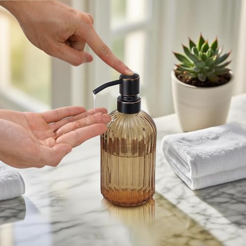 16 OZ Amber Glass Soap Dispenser, Amber Stripe Bathroom Hand Soap Dispensers with Stainless Steel Bronze Pump,Brown Glass Kitchen Hand Soap Dispenser with Oil Rubbed Bronze Pump,2 Packs - color: Oil Rubbed Bronze+amber, size: 2-Pack