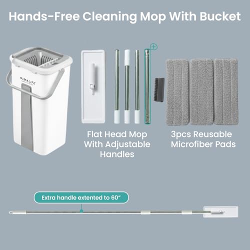 VIMALIFE Mop and Bucket Set with Wringer, Self Cleaning Flat Mop and Bucket System, 2 Parts Bucket Wash & Dry System, 360° Rotating, 3 Microfiber Pads Included Ideal for Homes, Floor & Wall Ceilings