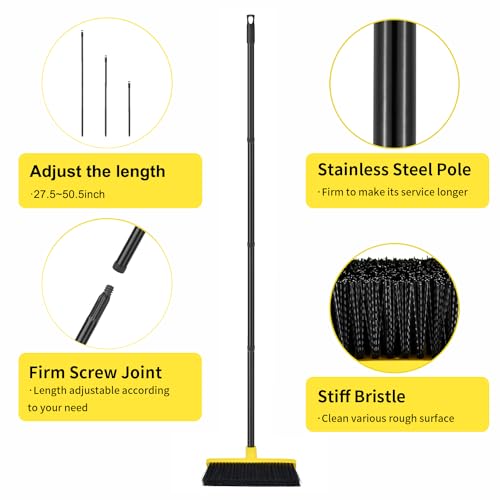 Push Broom Outdoor Indoor Broom 12" Wide,50" Long Handle with Stiff Bristles for Cleaning Scrubbing Deck Driveway Yard Patio Wood Stone Tile Floor