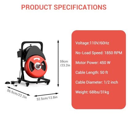 GarveeTech 50FTx1/2 Inch Drain Cleaner Machine with Wheels, Sewer Snake Electric Drain for 2" to 4" Pipes, Plumbing Snake Auger Cleaner with 6 Cutter & Foot Switch for Sewer, Sink, Toilet, Bathroom