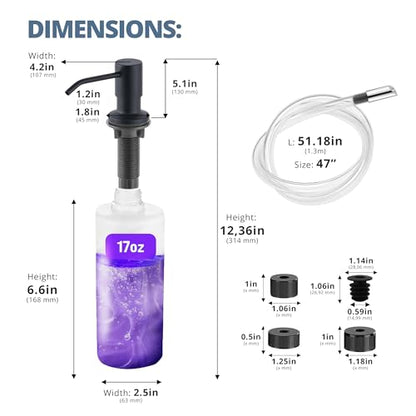 SBEN Built-in Kitchen Sink Soap Dispenser – Stainless Steel Pump, 17 oz Bottle and Extension Tube Kit 47", Upgraded Metal Check Valve, Countertop Hand Soap & Lotion Dispenser (Matte Black) - color: Matte Black