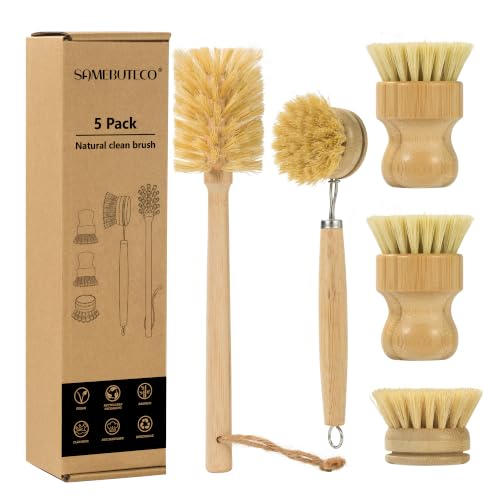 SAMEBUTECO 5 Piece Bamboo Dish Brush Set,11.5’’ Long Handle Bottle Brush with Sisal Bristles, 3 Pot Brushes,1 Replaceable Heads, Natural Kitchen Brush for Pot,Pans,Sink,Vegetables