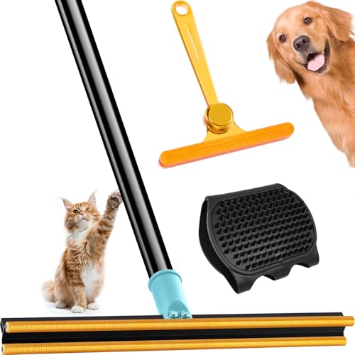 3 in 1 Carpet Rake for Pet Hair Removal Tool, 51” Adjustable Long Handle Pet Hair Removal Broom, Pet Grooming Brush, Cat Dog Hair Remover Carpet Scraper for Rugs, Mats - color: Blue-black