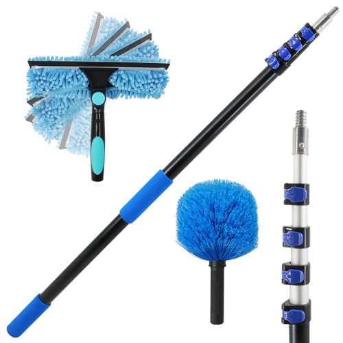 23FT High Reach Window Squeegee & Cobweb Duster with Extension Pole, 2 in 1 Squeegee for Window Cleaning with Lightweight 4-16.5 ft Telescoping Pole, Spider Web Brush with Pole for Outdoor Indoor Car