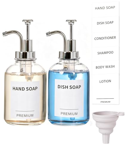 12oz Dish Soap Dispenser for Kitchen, Hand Glass Soap Dispenser Set with Pump, Tray, Funnel for Bathroom, Shower, Laundry, Liquid, Lotion (Silver 2 Pack Clear Bottles with 12 Stickers) - color: Silver, size: 12Oz
