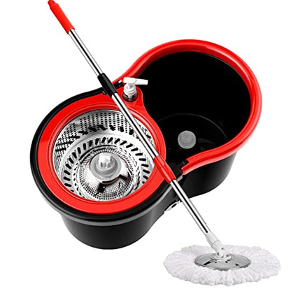 Mop and Bucket with Wringer Set 360° 3psc Microfiber Spin Mop with Bucket and Dual Mop Heads Self Wringing Spinning Mop (20QT) (2) (RED) - color: Red