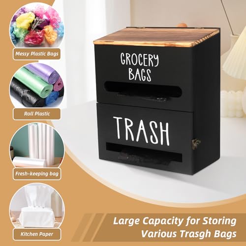 2 in 1 Trash Bag Dispenser, Double Wall Mounted,Wood Trash Bag Holder, used in kitchen, garage, laundry room, can store Environmentally friendly food bags and garbage bags (Black) - color: Black/Large(10inch*5.5inch*12.2inch)