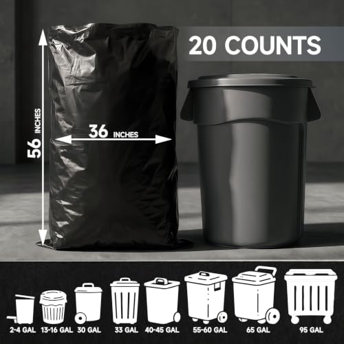 55 Gallon 2 Mil Heavy Duty Trash Bags, HUOJI 20 Count 36'' x 56'' Black Plastic Bags for Contractor, Industrial, Commercial, Yard