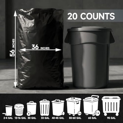 55 Gallon 2 Mil Heavy Duty Trash Bags, HUOJI 20 Count 36'' x 56'' Black Plastic Bags for Contractor, Industrial, Commercial, Yard
