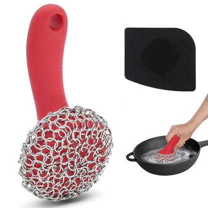 Cast Iron Scrubber with Long Handle | 316 Cast Iron Cleaner Chainmail Scrubber for Cast Iron Pan Skillet Cleaner - Dish Scouring Pad Dishwasher Safe Cleaning Kit (Red, 1 Scrubber + 1 Scraper) - color: Red, 1 Scrubber + 1 Scraper