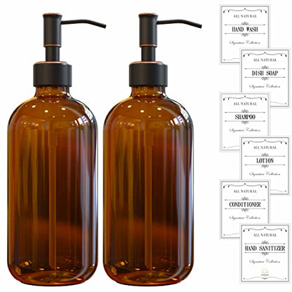 Sunrise Premium 2 Pack Amber Glass Soap Dispenser 16 OZ with Oil Rubbed Bronze Stainless Steel Pump, Hand and Dish Soap Dispenser Set for Bathroom and Kitchen Sink with 6 Waterproof Labels - color: Oil Rubbed Bronze Ss Pump - Amber Glass