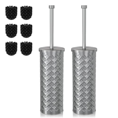 Toilet Bowl Brush and Holder Set 2 Pack with 4 Extra Brush Heads | Extra Long Handle with Splash Guard Cover, Tool-Free Installation, Bathroom Space-Saving, Cleaner Sets for Apartments, RV (Silver) - color: Silver