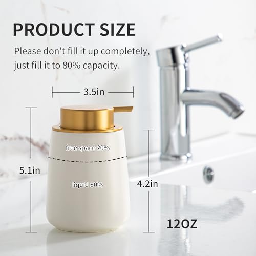Enra Foaming Soap Dispenser,12 oz Beige Ceramic Modern Foam Hand Soap Dispenser for Bathroom,Kitchen with Easy-to-Press Pump (White Foam Gold Pump) - color: Foam-white-gold Pump
