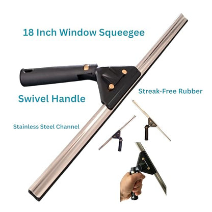 Window Squeegee 18 inch and Window Washer with Swivel Handle, Professional Window Cleaning Kit, Window Scrubber with Durable Aluminum T-Bar for Window Cleaning