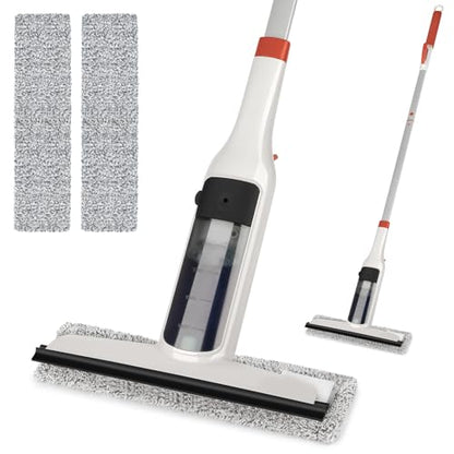 Spray Mop Window Cleaning Kit with Silicone Squeegee – Adjustable Aluminum Pole & Non-Slip Handle for Floors/Walls/Door/Windows/Cars/Bathroom, Detachable Tank & Washable Pads