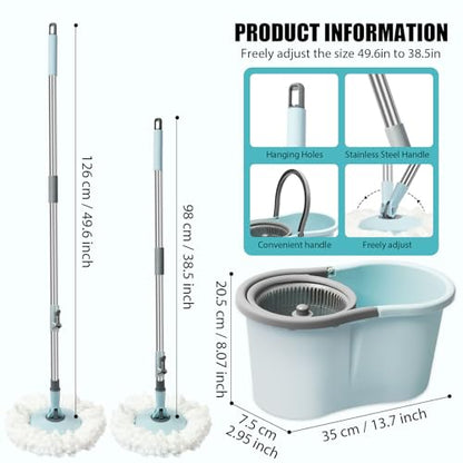 Spin Mop and Bucket with Wringer Set, 360° Spinning Mop Bucket System with 3 Microfiber Mop Replacement Heads, Adjustable Handle for Floor Cleaning (Light Blue) - color: Light Blue