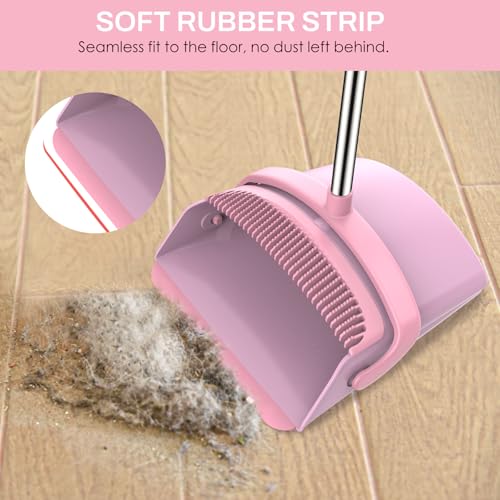 Broom and Dustpan Set for Home, 51-in Long Adjustable Handle Angle Broom and Dustpan Combo Set with Dust Pan Teeth to Clean Hair for Home Kitchen Office Lobby Floor Garden, Pink - color: Pink