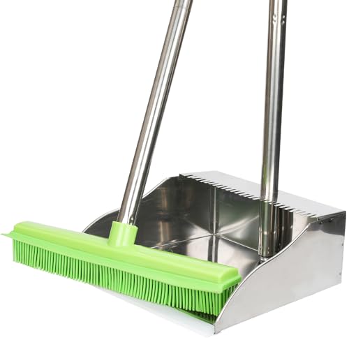 Rubber Broom and Dustpan Set,Pet Hair Removal Rubber Broom with Squeegee and Stainless Steel Dust Pan,Carpet Rake Push Broom and Dustpan for Fluff Hardwood Floor Tile (Green) - color: Green