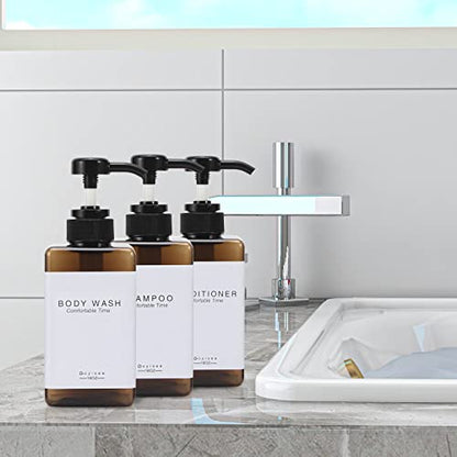Plastic Refillable Hand Soap Dispenser Modern Square Pump Bottle for Bathroom Vanities or Kitchen Sink, Countertops - 3 Packs with Waterproof Label(Amber) - color: 3 Bottles-amber