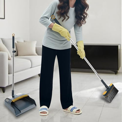 54" Lightweight Broom and Dustpan Set with 180° Rotating Upright Stand, Comb Teeth & Long Handle - Indoor Home Storage Solution for Kitchen, Room, Office