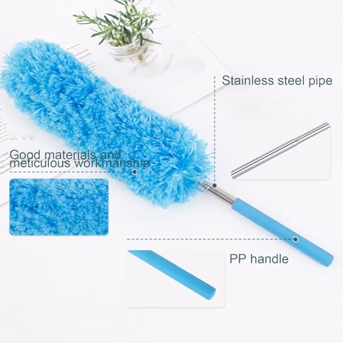 Extendable Feathers Duster Bendable Microfiber Long Handled Duster, Flexible Hand Cobweb Cleaner with Telescoping Pole for Cleaning High Ceiling Fans, Cars, Blinds, Cobweb, Furniture - color: Blue
