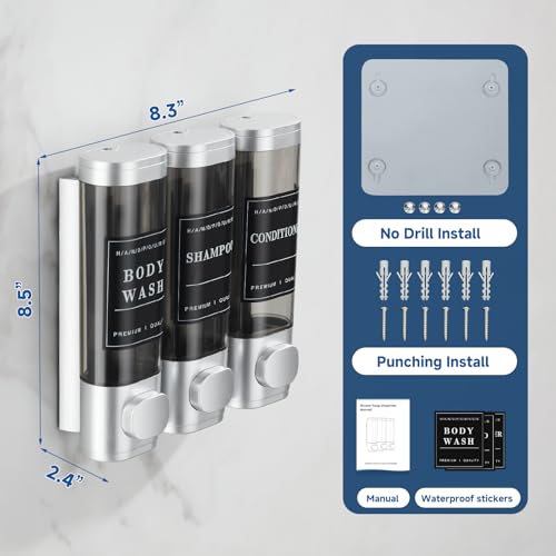 Shower Soap Dispenser Wall Mounted No Drill Shampoo Dispenser for Shower Wall Shampoo and Conditioner Dispenser Bathroom Hotel 3 * 300ml Sliver with Labels - color: Silver 3