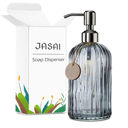 JASAI 18 Oz Vertical Stripes Kitchen Soap Dispenser with 304 Rust Proof Stainless Steel Pump, Refillable Liquid Soap Dispenser for Bathroom, Kitchen, Hand Soap, Dish Soap (Clear Grey) - color: Gray