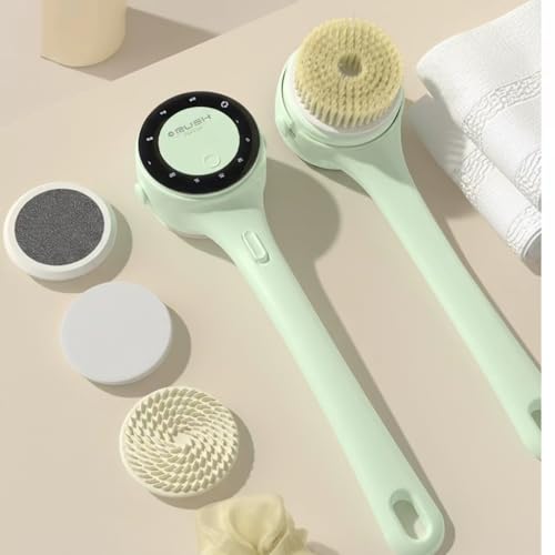 Electric Body Brush Back Scrubber for Shower, Rechargeable Long Handles Bath Brush with 5 Replaceable Heads, 3 Speed Adjustable and Lcd Display Shower Brush for Deep Cleansing, Exfoliating & Massage