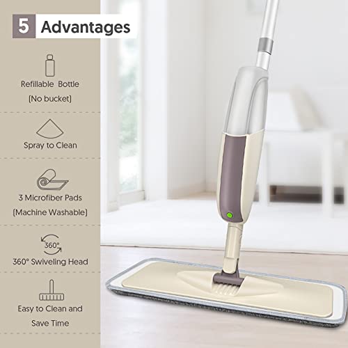 HOMTOYOU Spray Mops for Floor Cleaning: Wet Mop with 3 Washable Pads | Microfiber, Multi-Surface Floor Cleaning, Wet and Dry Use, Rotating Head, 410ML Refillable Bottle
