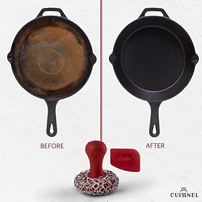 Cuisinel Cast Iron Chainmail Scrubber + Pan Scraper - The Patented Original Ergonomic Stainless & Silicone Pot & Skillet Cleaner - Premium Food-Safe Design - Easy Clean Dishwasher Safe Cookware Sponge - color: Red, size: Standard