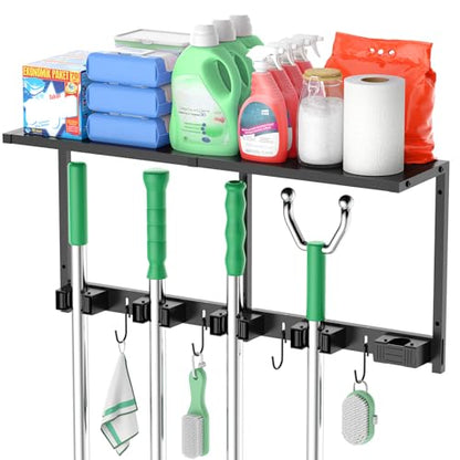 CCCEI Broom and Mop Wall Mount with Shelf, Laundry Room Cleaning Tools Organization Hanging Rack with Hooks, Bathroom, Garage, Garden Organizers and Storage. All Metal, Black, 2 Pack.