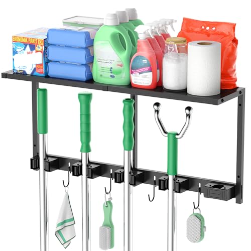 CCCEI Broom and Mop Wall Mount with Shelf, Laundry Room Cleaning Tools Organization Hanging Rack with Hooks, Bathroom, Garage, Garden Organizers and Storage. All Metal, Black, 2 Pack.