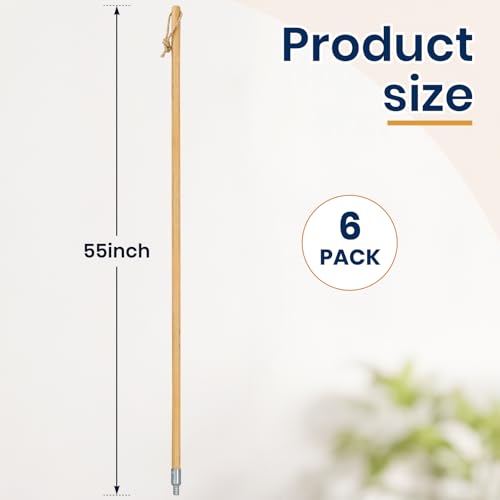 6 PK Wooden Push Broom Handle with American Threaded Metal Tips, 55” Lacquered Wood Handle with Easy Hanging Hemp Rope